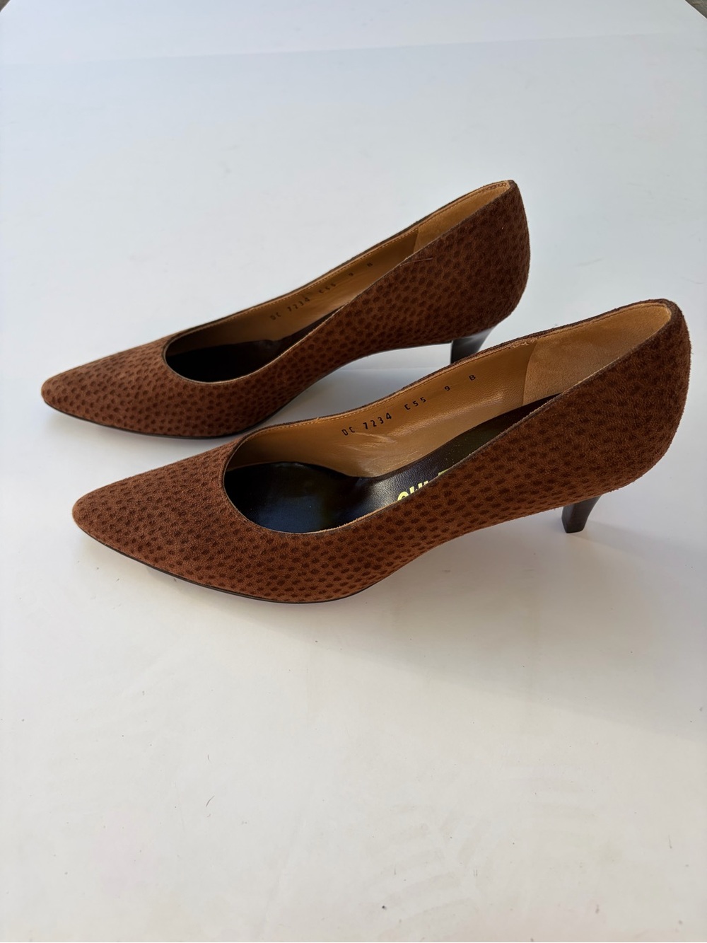 NEW Vintage Ferragamo Brown Suede Textured Pointy Toe Kitten Heel Pumps Size 9 B